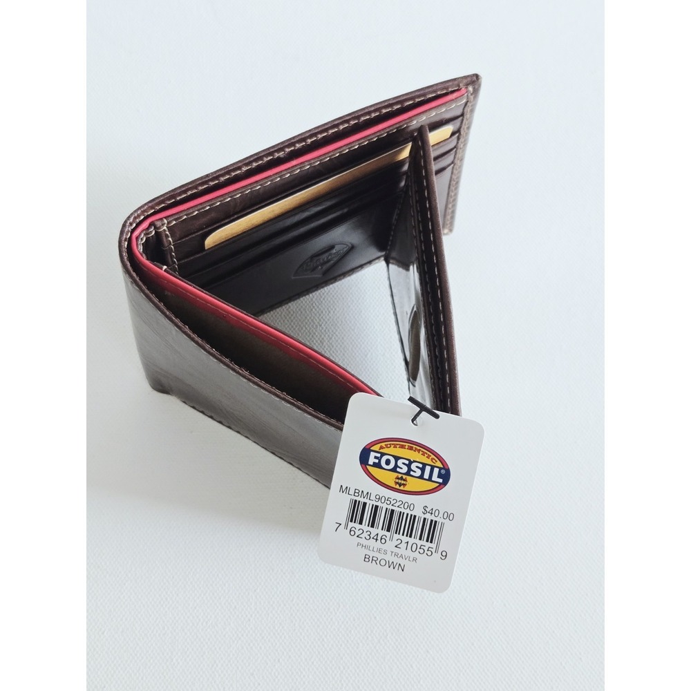NEW FOSSIL PHILLIES MLB Leather Bifold Wallet Brown Baseball Sports Game Wallet - Picture 4 of 8
